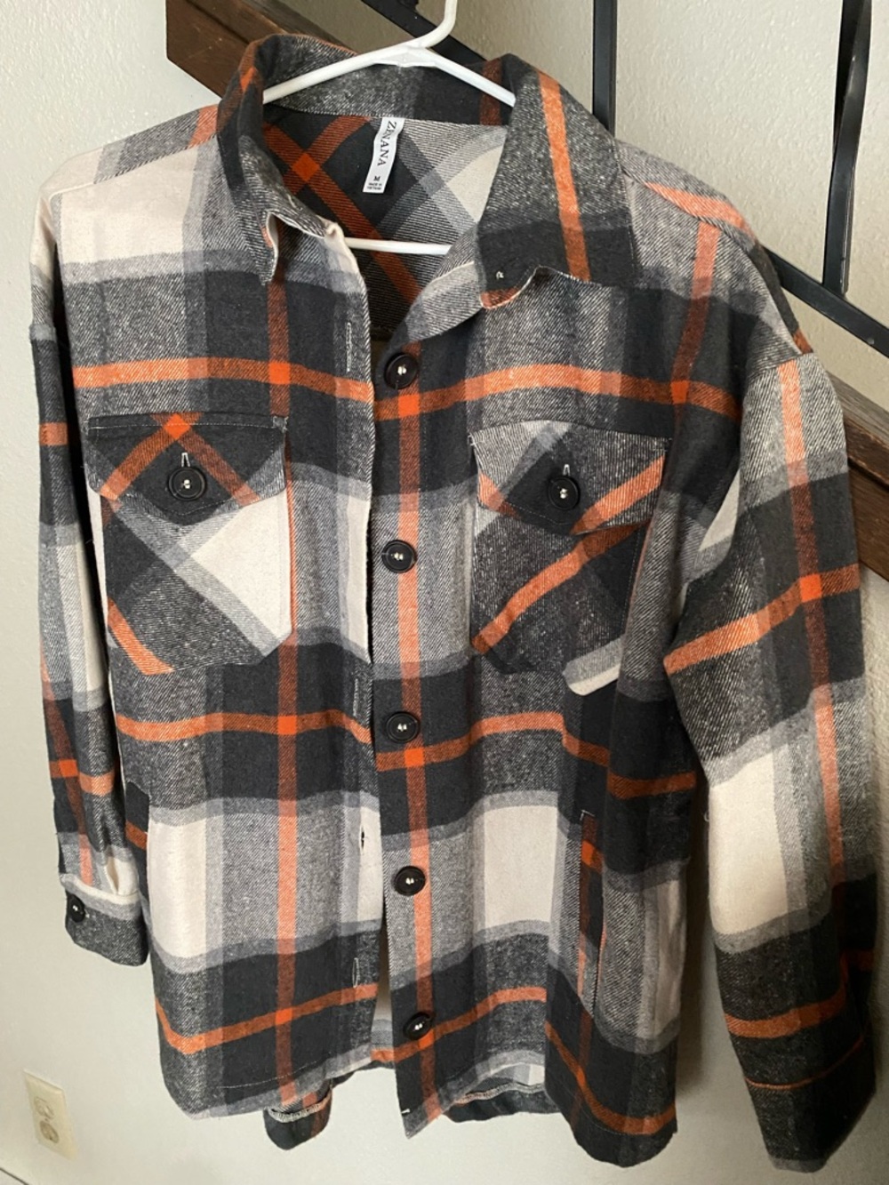 Zenana Outfitters Gray, Cream & Orange Plaid Shacket